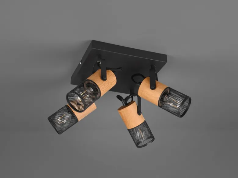 Deckenstrahler TOSH 4-flammig, Schwarz mit Holz, Quadrat 22cm