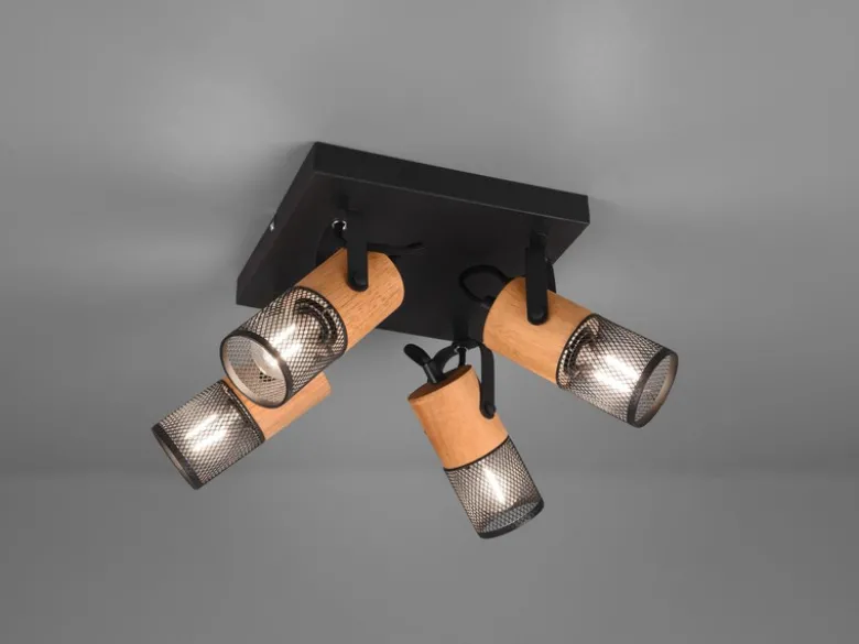 Deckenstrahler TOSH 4-flammig, Schwarz mit Holz, Quadrat 22cm