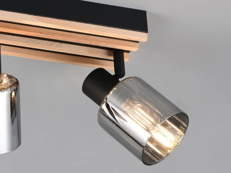 Deckenstrahler TRAVIA 3-flammig, Rauchglas Schwarz & Holzlamellen, Breite 52,5cm
