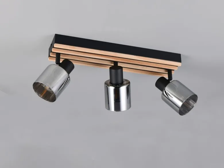 Deckenstrahler TRAVIA 3-flammig, Rauchglas Schwarz & Holzlamellen, Breite 52,5cm