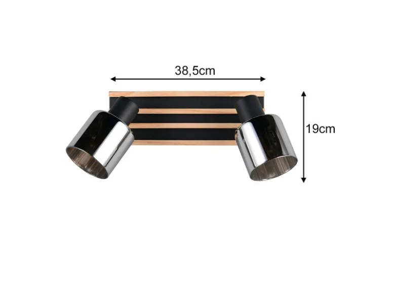 Deckenstrahler TRAVIA 2-flammig, Rauchglas Schwarz & Holzlamellen, Breite 38,5cm