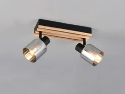Deckenstrahler TRAVIA 2-flammig, Rauchglas Schwarz & Holzlamellen, Breite 38,5cm