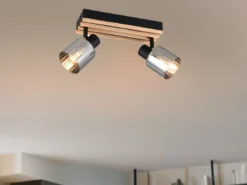 Deckenstrahler TRAVIA 2-flammig, Rauchglas Schwarz & Holzlamellen, Breite 38,5cm