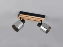 Deckenstrahler TRAVIA 2-flammig, Rauchglas Schwarz & Holzlamellen, Breite 38,5cm