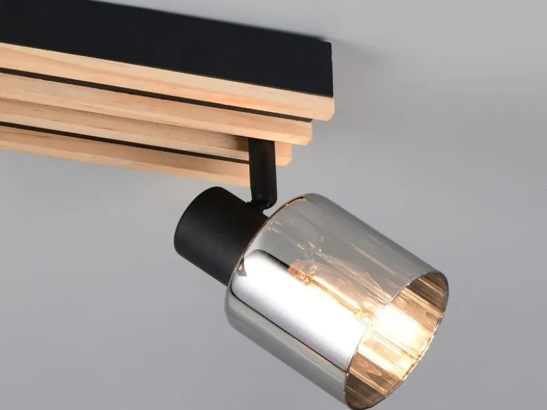 Deckenstrahler TRAVIA 2-flammig, Rauchglas Schwarz & Holzlamellen, Breite 38,5cm