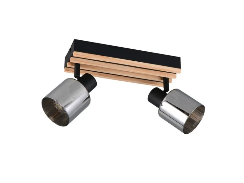 Deckenstrahler TRAVIA 2-flammig, Rauchglas Schwarz & Holzlamellen, Breite 38,5cm