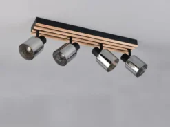 Deckenstrahler TRAVIA 4-flammig, Rauchglas Schwarz & Holzlamellen, Breite 64,5cm