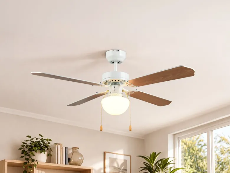 Deckenventilator HAMMERFEST mit Licht & Zugschalter, Weiß Holzoptik Ø 106,5cm