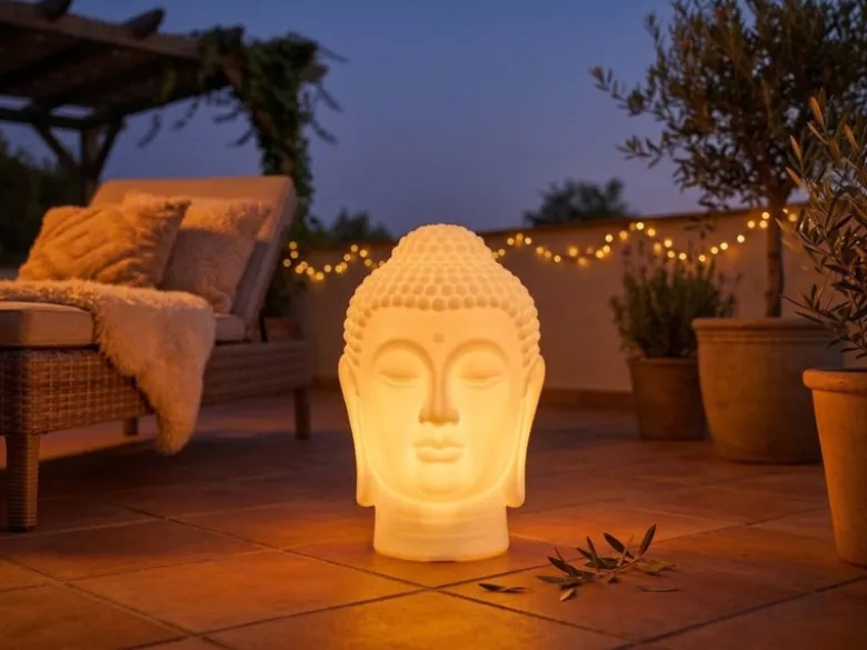 Deko LED RGBW Solarleuchte Buddha Kopf mit Fernbedienung, Höhe 50cm