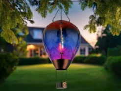 Deko Solarleuchte mit buntem Heißluftballon aus Glas & Flammeneffekt, Höhe 58cm