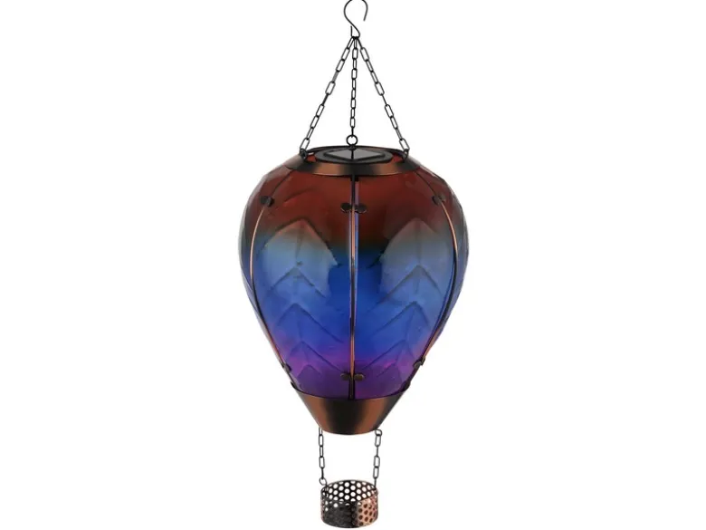 Deko Solarleuchte mit buntem Heißluftballon aus Glas & Flammeneffekt, Höhe 58cm