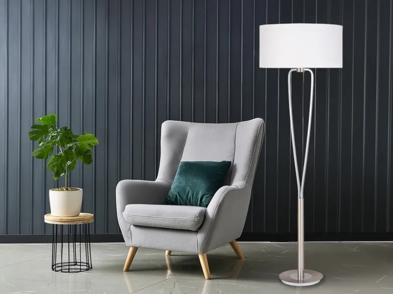 Designer LED Stehleuchte Silber mit Stoffschirm Weiß, Höhe 160cm