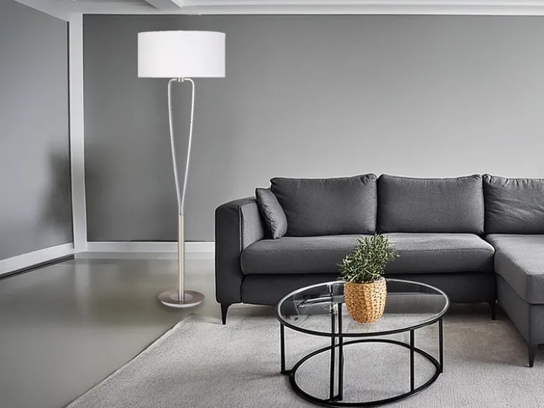 Designer LED Stehleuchte Silber mit Stoffschirm Weiß, Höhe 160cm