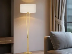 Designer Stehleuchte PARIS II Messing mit Stoffschirm Weiß, Höhe 160cm