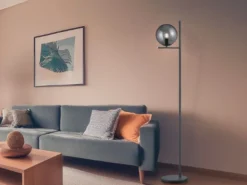 Design LED Stehleuchte Anthrazit mit Lampenschirm Glaskugel Rauchfarbig, 150cm