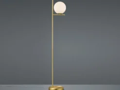 Design LED Stehleuchte in Messing matt mit Lampenschirm Kugel Opalglas, H: 150cm
