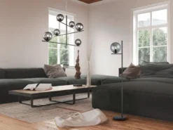 Design Stehleuchte PURE Anthrazit mit Lampenschirm Glaskugel Rauchfarbig, 150cm
