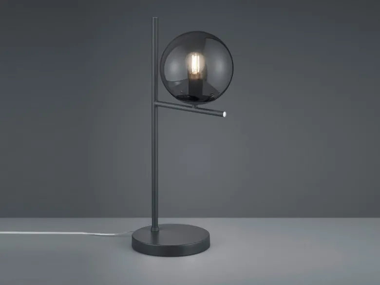Design Tischleuchte PURE Anthrazit Lampenschirm Glaskugel Rauchfarbig, Höhe 52cm