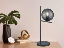 Design Tischleuchte PURE Anthrazit Lampenschirm Glaskugel Rauchfarbig, Höhe 52cm