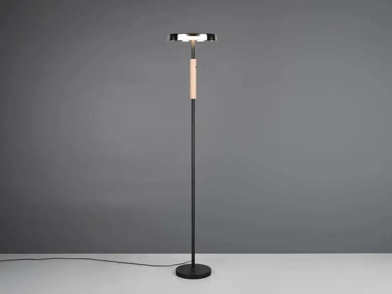 Dimmbare LED Stehleuchte CELESTE mit Holzelement & Glasschirm, Höhe 160cm