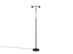 Dimmbare LED Stehleuchte CELESTE mit Holzelement & Glasschirm, Höhe 160cm