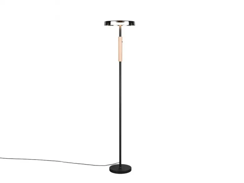 Dimmbare LED Stehleuchte CELESTE mit Holzelement & Glasschirm, Höhe 160cm