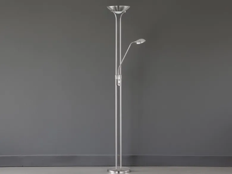 Dimmbarer LED Deckenfluter SPOCK mit Leselampe, Silber Höhe 180cm