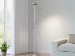 Dimmbarer LED Deckenfluter SPOCK mit Leselampe, Silber Höhe 180cm