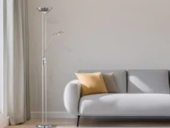 Dimmbarer LED Deckenfluter SPOCK mit Leselampe, Silber Höhe 180cm