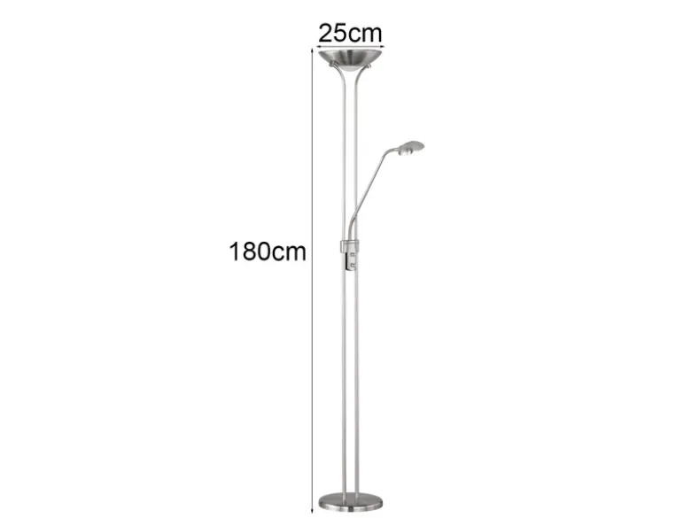 Dimmbarer LED Deckenfluter SPOCK mit Leselampe, Silber Höhe 180cm