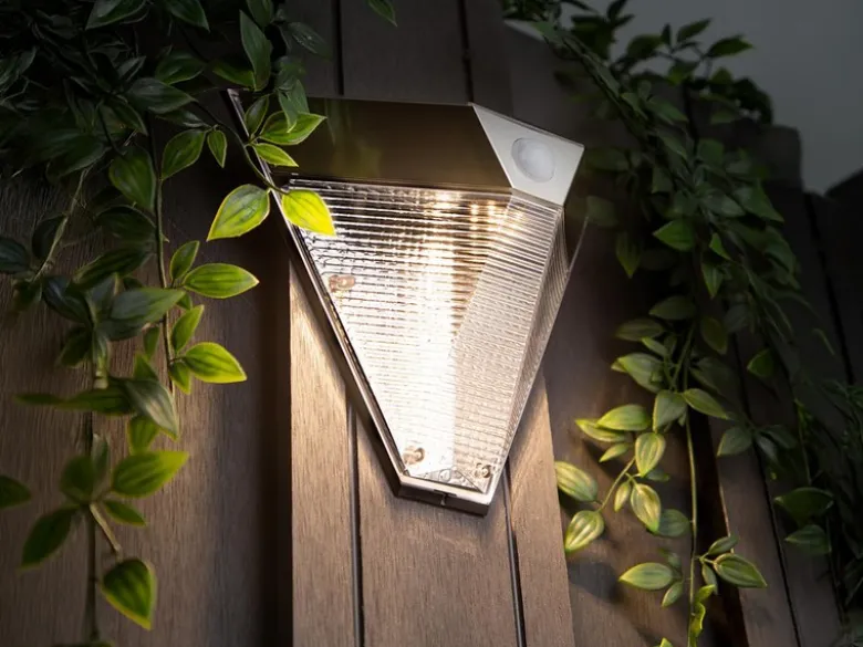 Dreieckige LED Solar Außenleuchte, Bewegungsmelder, Edelstahl, Downlight, IP43