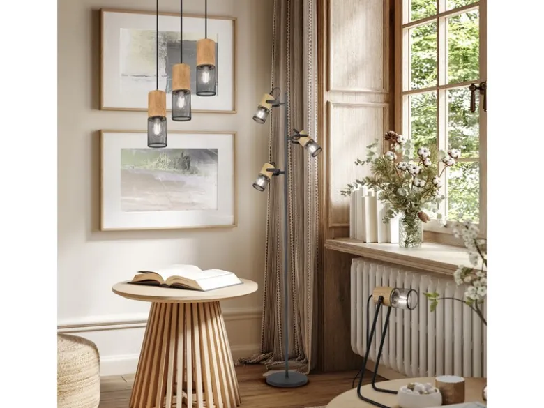 Dreiflammige LED Stehlampe mit schwenkbaren Metallgeflecht Spots Schwarz & Holz