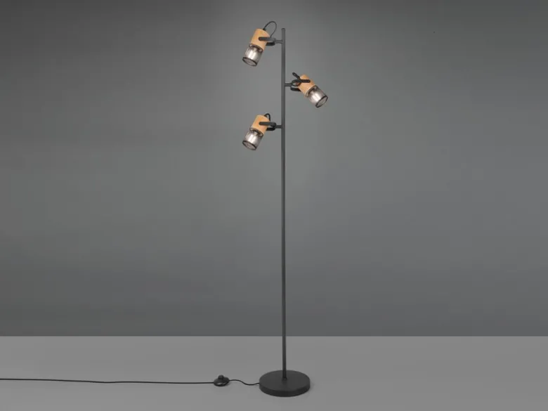 Dreiflammige LED Stehlampe mit schwenkbaren Metallgeflecht Spots Schwarz & Holz