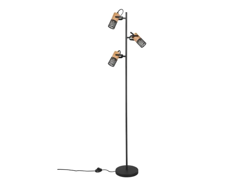 Dreiflammige LED Stehlampe mit schwenkbaren Metallgeflecht Spots Schwarz & Holz