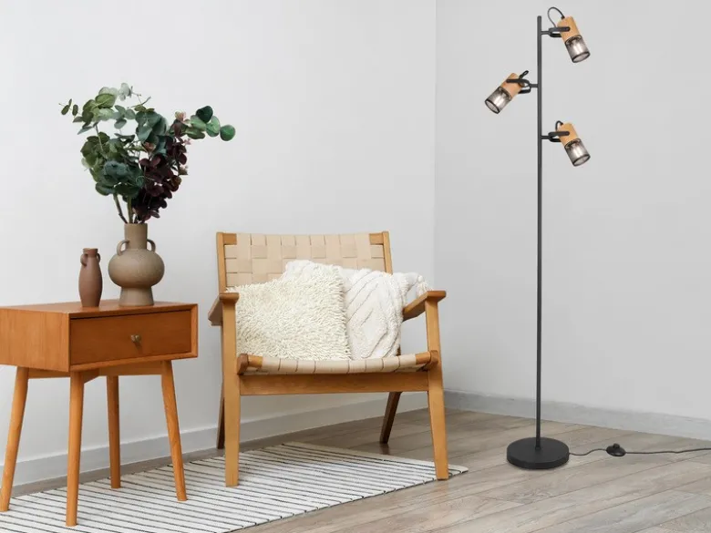 Dreiflammige LED Stehlampe mit schwenkbaren Metallgeflecht Spots Schwarz & Holz