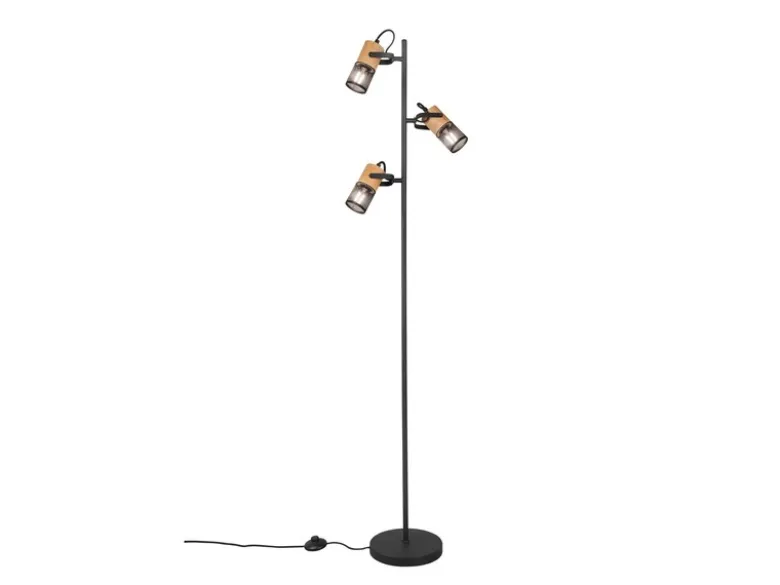 Dreiflammige LED Stehlampe mit schwenkbaren Metallgeflecht Spots Schwarz & Holz