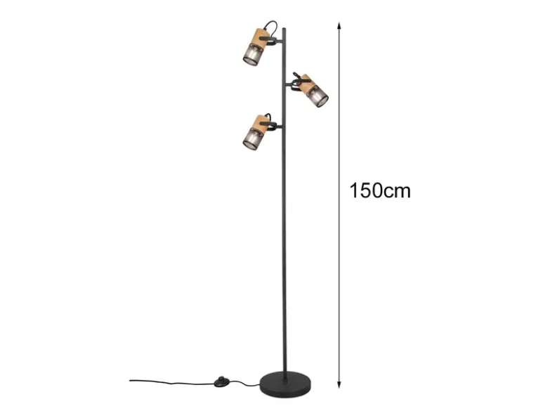 Dreiflammige LED Stehlampe mit schwenkbaren Metallgeflecht Spots Schwarz & Holz