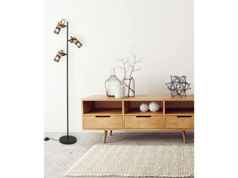 Dreiflammige LED Stehlampe mit schwenkbaren Metallgeflecht Spots Schwarz & Holz