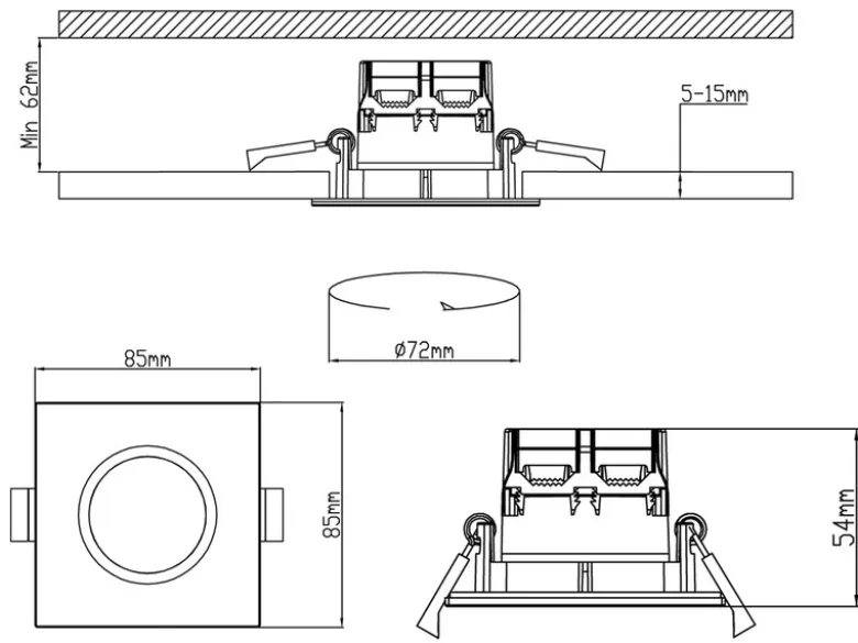 Eckiger LED Deckeneinbaustrahler ZAGROS dimmbar in Silber Chrom, IP65