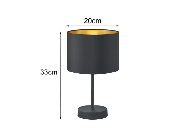 Edle LED Tischleuchte mit Lampenschirm aus Stoff in Schwarz & Gold, Höhe 33cm