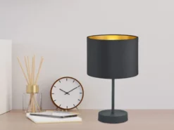 Edle LED Tischleuchte mit Lampenschirm aus Stoff in Schwarz & Gold, Höhe 33cm
