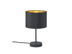 Edle LED Tischleuchte mit Lampenschirm aus Stoff in Schwarz & Gold, Höhe 33cm