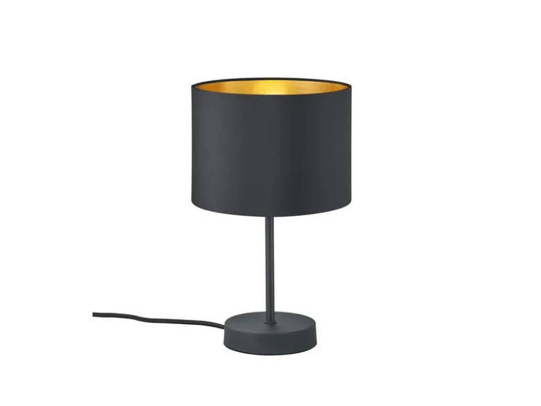 Edle LED Tischleuchte mit Lampenschirm aus Stoff in Schwarz & Gold, Höhe 33cm
