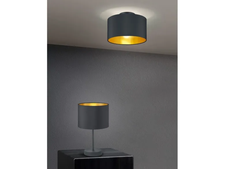 Edle LED Tischleuchte mit Lampenschirm aus Stoff in Schwarz & Gold, Höhe 33cm