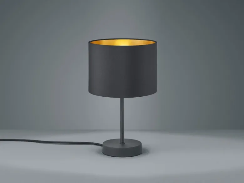Edle LED Tischleuchte mit Lampenschirm aus Stoff in Schwarz & Gold, Höhe 33cm