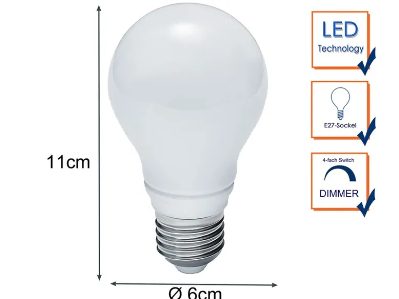 E27 LED - 8,5 Watt, 806 Lumen, 3000 Kelvin warmweiß Ø6cm - 3 Stufen Dimmer