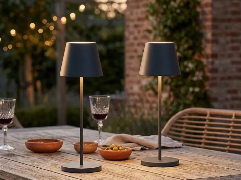 2er SET Akku Tischlampen Schwarz ohne Kabel mit Ladestation, Höhe 34cm