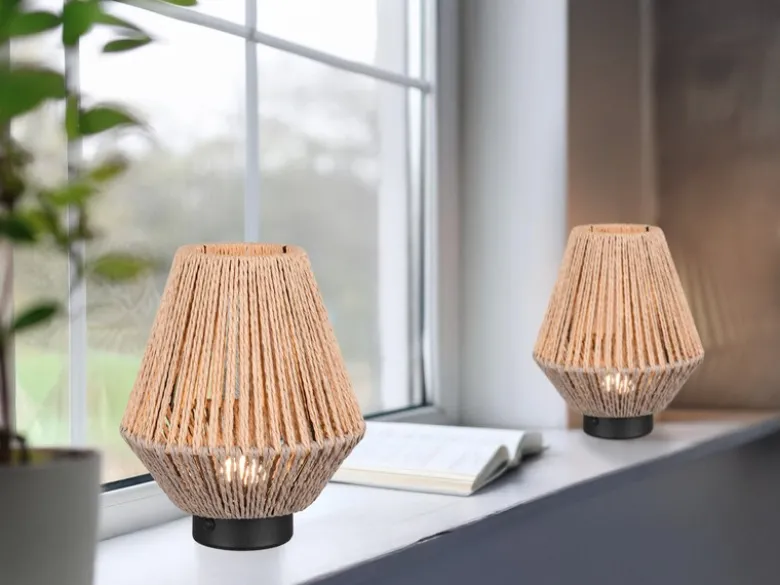 2er SET Akku Tischlampen USB aufladbar, Lampenschirm aus Papiergarn, Höhe 22cm