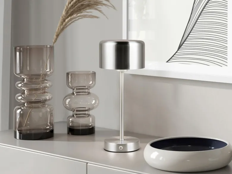2er SET Akku Tischleuchten, per USB aufladbar, dimmbar, Silber matt, Höhe 30cm