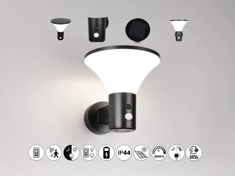2er SET Außenwandleuchten mit Solar und Strom, Hybrid mit Bewegungsmelder